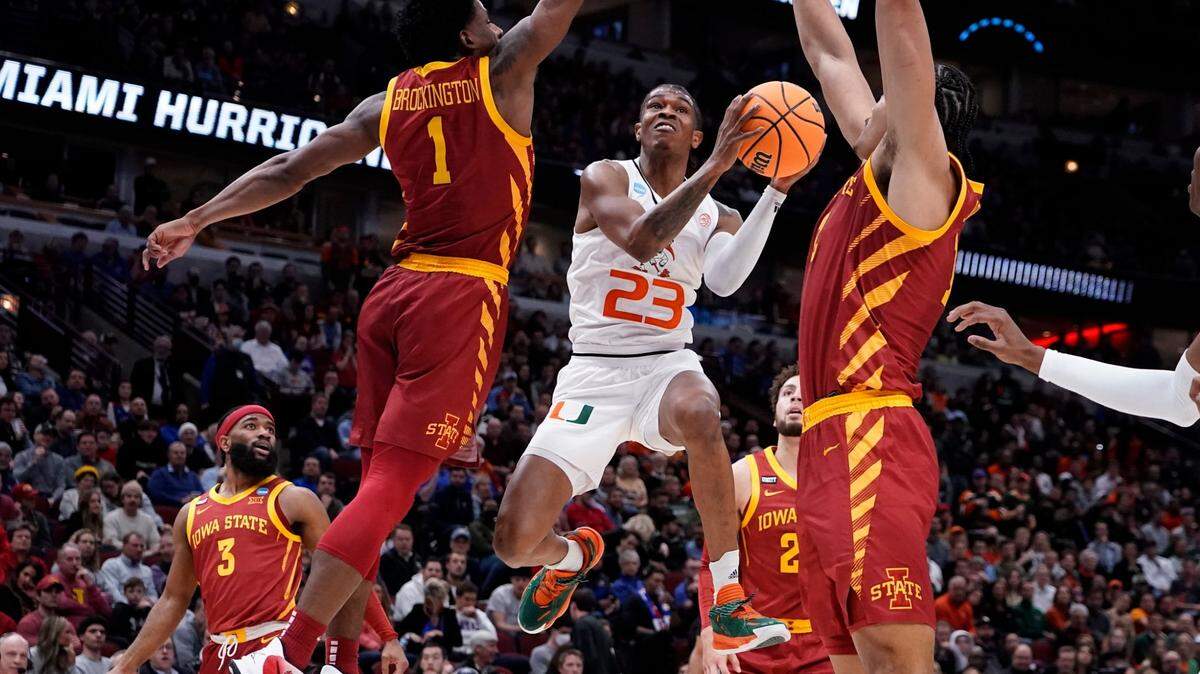 Miami’s Kameron McGusty shoots during the first half of a college basketball game in the Sweet 16 round of the NCAA tournament Friday, March 25, 2022, in Chicago. (AP Photo/Charles Rex Arbogast)