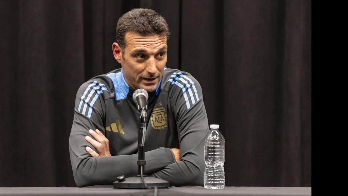Argentina head coach Lionel Scaloni speaks during a press conference at the Hard Rock Stadium on Thursday, Oct. 9, 2025, in Miami Gardens, Fla. The press conference was held in anticipation of a friendly soccer match between Argentina and Venezuela at the stadium on Friday.