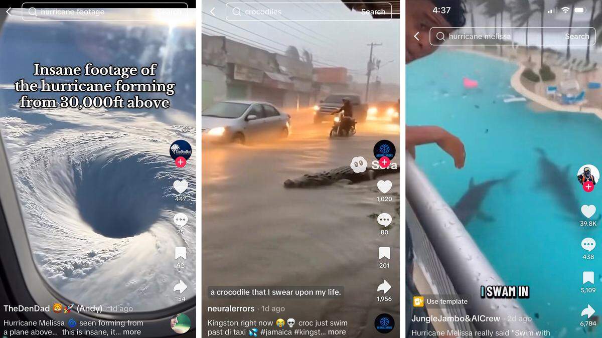 These AI-generated videos showing fake damage from Hurricane Melissa are going viral on social media.