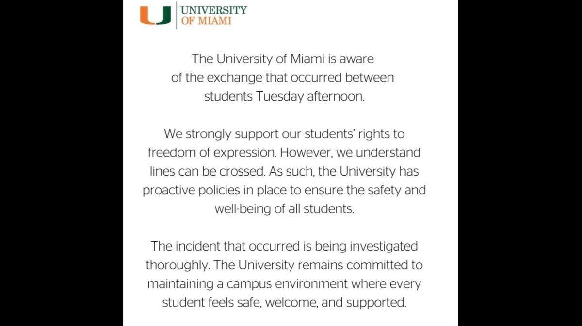 The University of Miami issued a statement that it is investigating statements made by a student during an argument with members of a Jewish student club on campus Tuesday, Jan. 27, 2026.