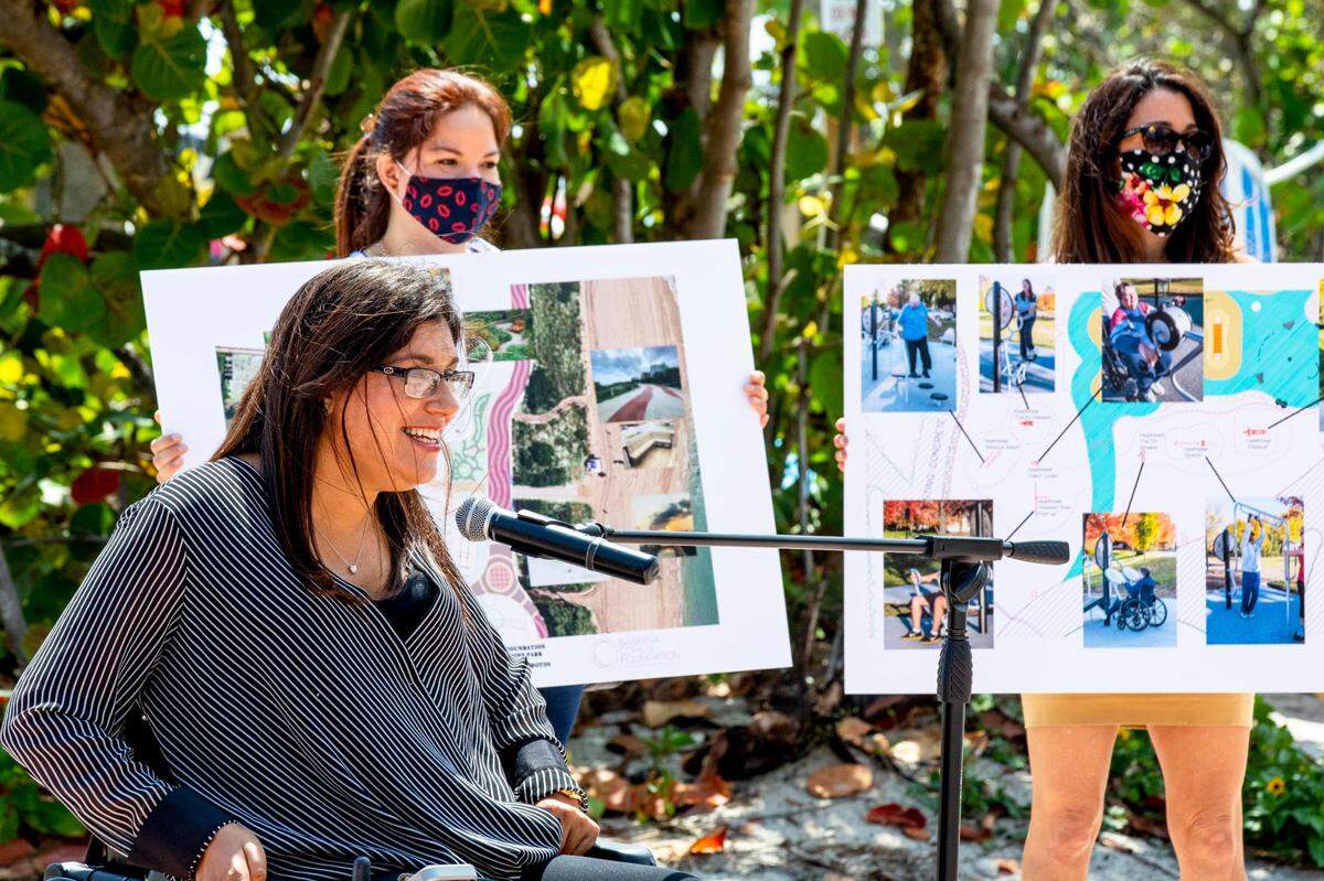 Sabrina Cohen speaks during a press conference to announce the planned construction of a new park and beachfront wheelchair-accessible viewing platform in Miami Beach on April 23, 2021.