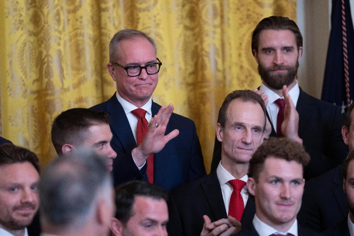 Coach Paul Maurice acknowledges United States President Donald J Trump as the National Hockey LeagueÕs Stanley Cup winning Florida Panthers atend a celebration at the White House in Washington, DC, February 3, 2025.