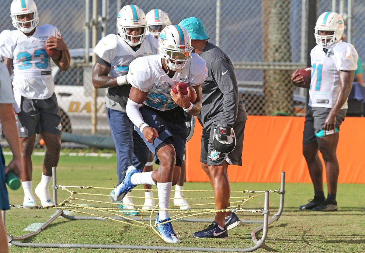 Miami Dolphins running back Kenyan Drake during training camp at the Miami Dolphins training facility in Davie, Florida, August 3, 2018. 