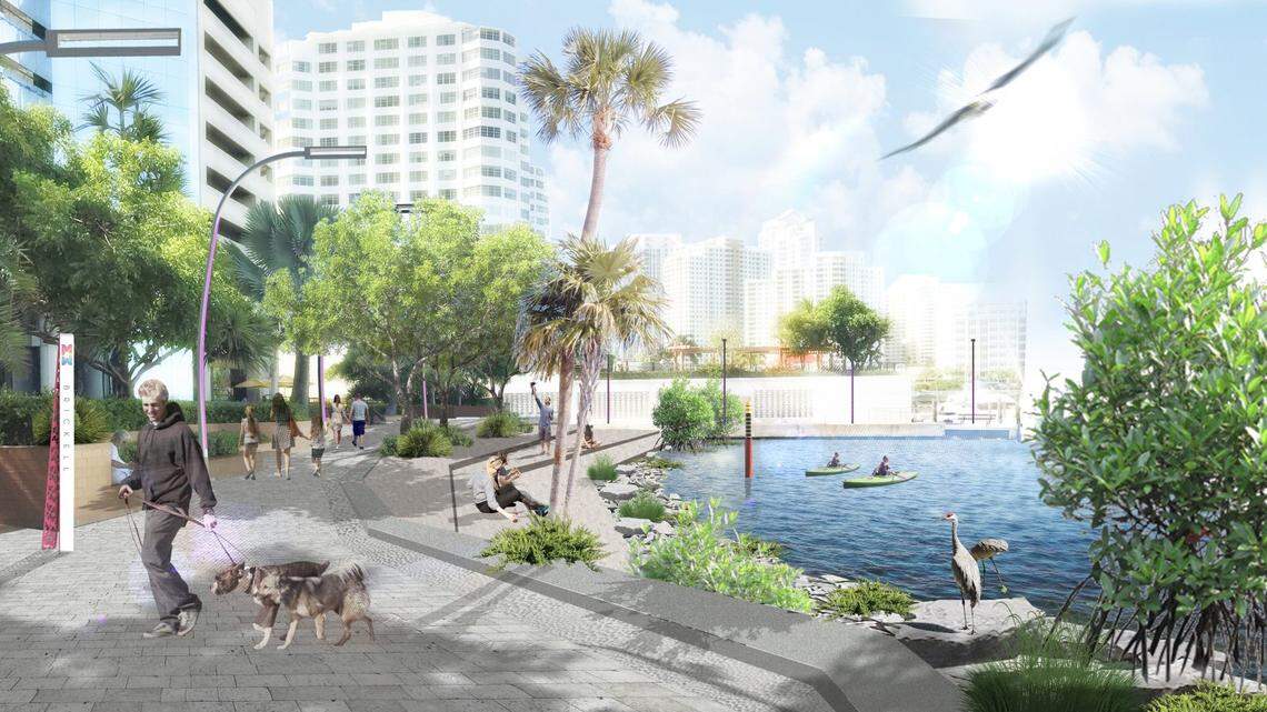 An architectural rendering shows a portion of the Miami Baywalk along the Brickell district as it might be built under new design guidelines approved by Miami commissioners. A living shoreline is at right of the promenade.