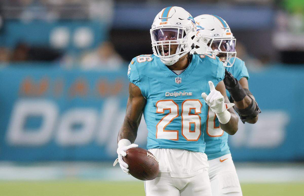 Miami Dolphins cornerback Rasul Douglas (26) reacts after a defensive play against the Baltimore Ravens during the first half of an NFL football game at Hard Rock Stadium on Thursday, October 30, 2025, in Miami Gardens, Florida.