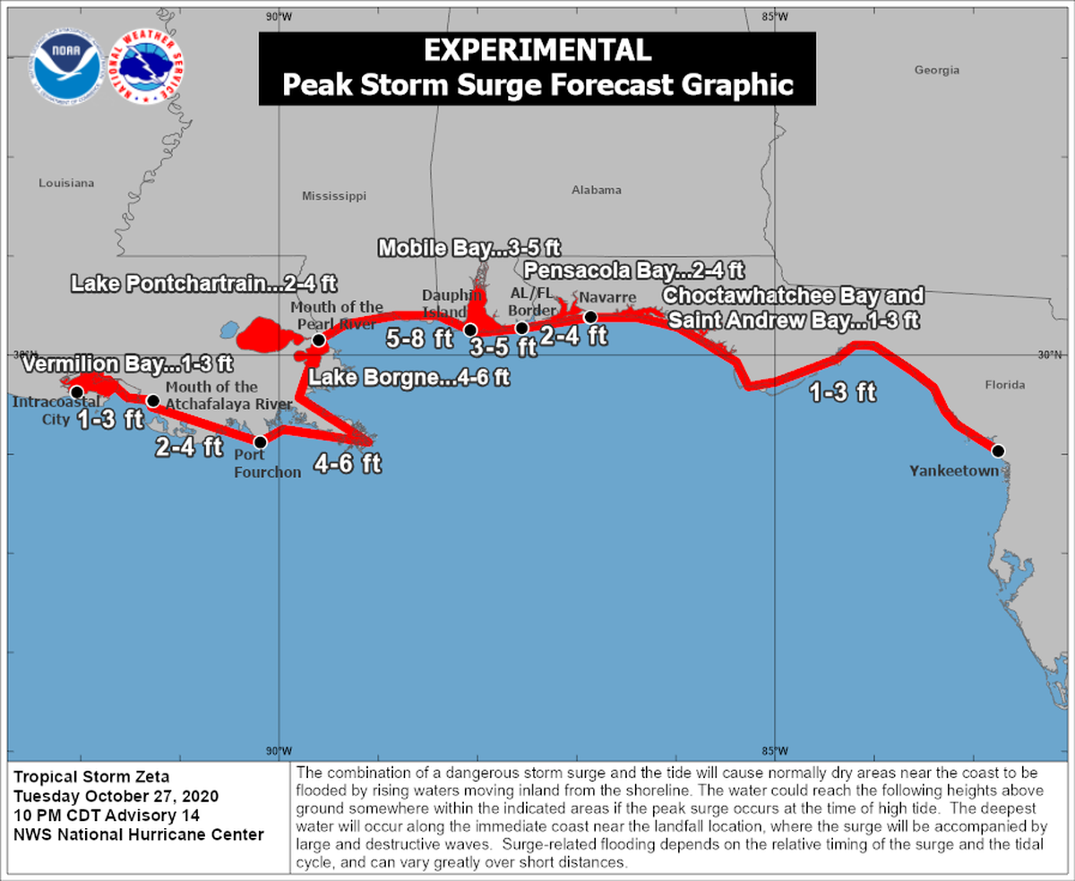 Forecasters issued a storm surge warning Tuesday from Intracoastal City,Louisiana, to Navarre, Florida, including Lake Borgne, Lake Pontchartrain, Vermilion Bay, Pensacola Bay, and Mobile Bay.