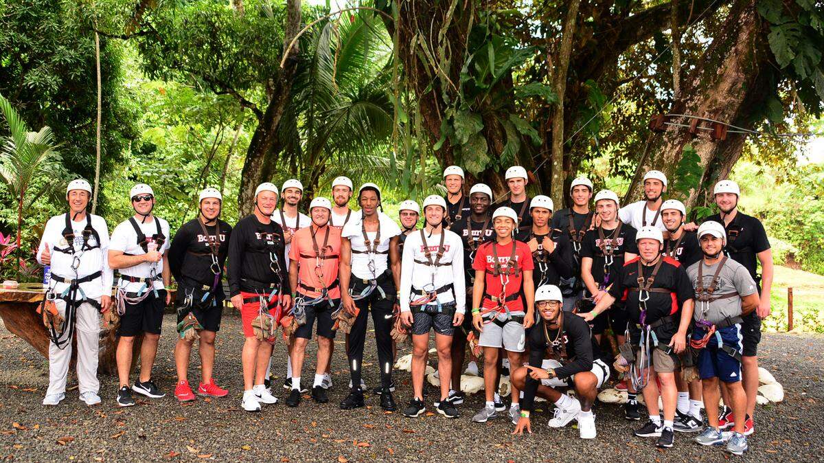 Barry University players and coaching staff prepare for the zip-line jump at Herradura, Costa Rica on Aug. 20, 2018.
