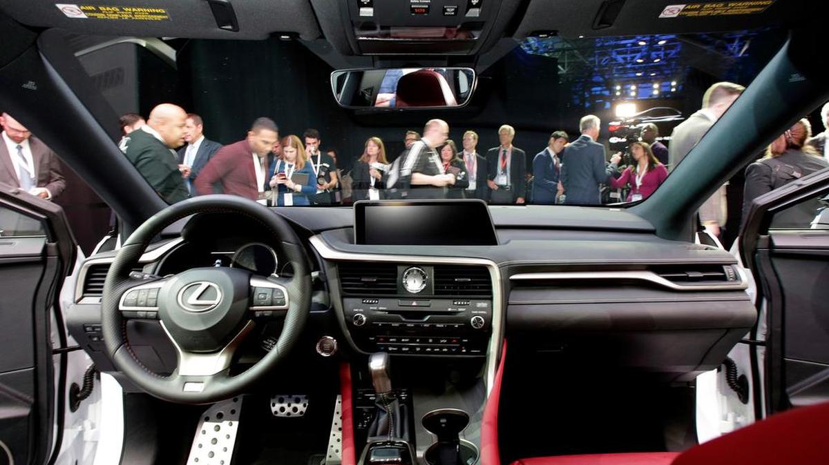 The interior of a 2016 Lexus RX at the New York International Auto Show in April 2015. Errant data broadcast Tuesday by the company’s traffic and weather service confounded vehicles’ ‘Enform’ infotainment system installed in 2014, 2015 and 2016 Lexus vehicles and the 2016 Toyota Land Cruiser, the company said.