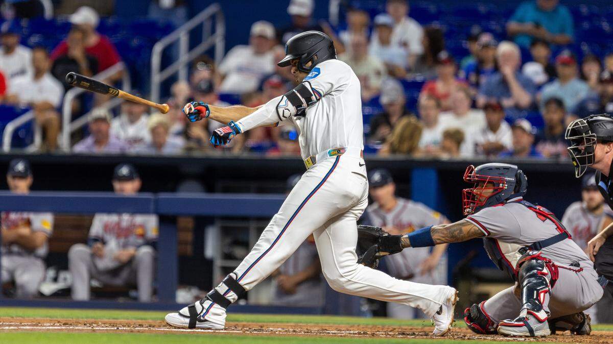 Miami Marlins designated hitter Christopher Morel (5) loses control of his bat in the second inning of their MLB game against the Atlanta Braves at loanDepot park on Thursday, May 21, 2026, in Miami, Fla. 