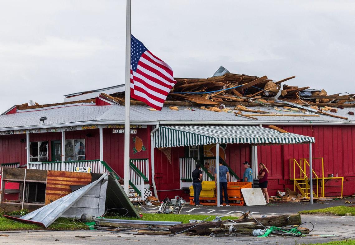 View of damages Friday, Oct. 11, 2024, at Al’s Family Farms, one of the many properties significantly damaged by a pair of tornadoes that tore through businesses along Kings Highway in St. Lucie County. Hurricane Milton spawned the tornadoes.