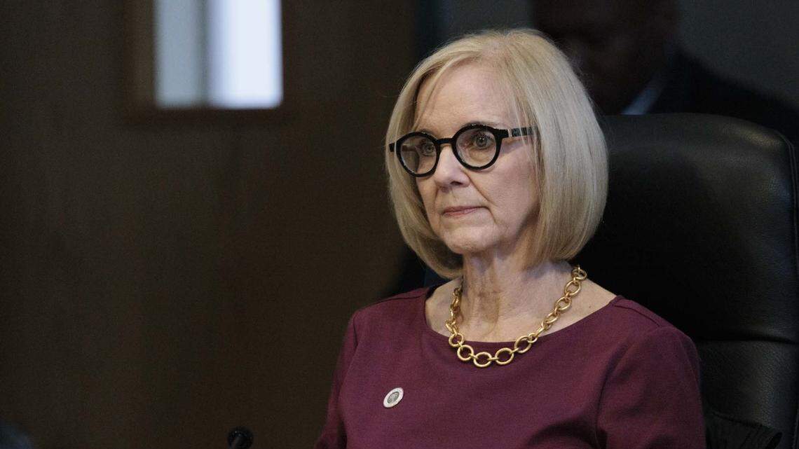 Mayor Eileen Higgins listens to public comment during a city commission meeting on Thursday, April 23, 2026, at Miami City Hall in Miami, Fla.