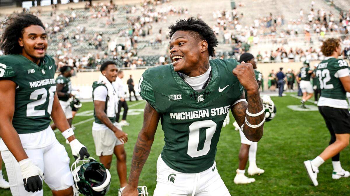Michigan State’s Charles Brantley celebrates after the win over Prairie View A&M on Saturday, Sept. 14, 2024, at Spartan Stadium in East Lansing.