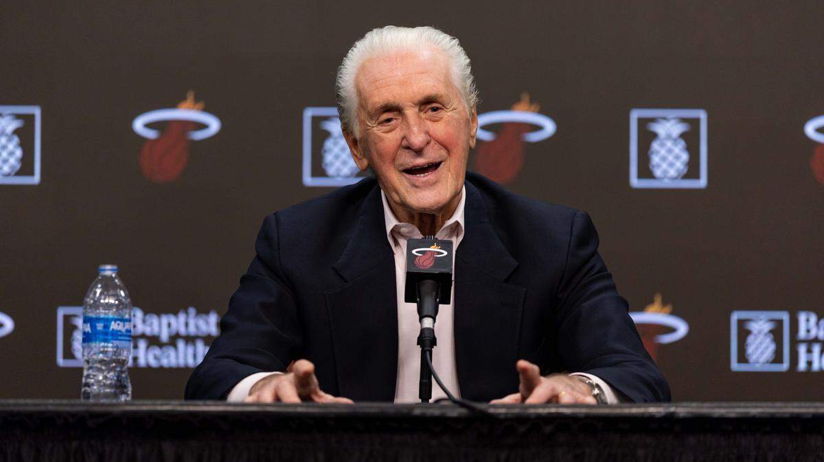 Miami Heat President Pat Riley speaks to the media during his season-ending press conference at Kaseya Center on May 9, 2025, in Miami.