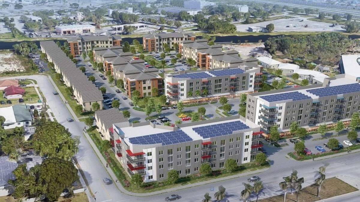 Representación del complejo Cutler Manor luego de la remodelación de $104 millones prevista por su propietaria, la urbanizadora sin ánimo de lucro Preservation of Affordable Housing . Conocida como POAH, la urbanizadora está usando una combinación de fondos de Miami-Dade, estatales y federales para construir el proyecto de 445 unidades, que tendrá apartamentos y casas adosadas para personas de bajos ingresos, asequibles y a precio de mercado.