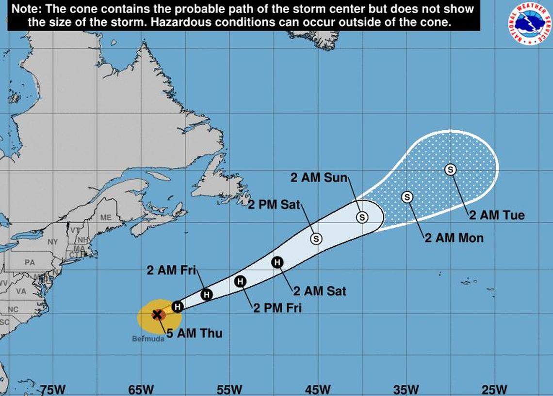 The projected path of Hurricane Franklin as of 5 a.m. Thursday.