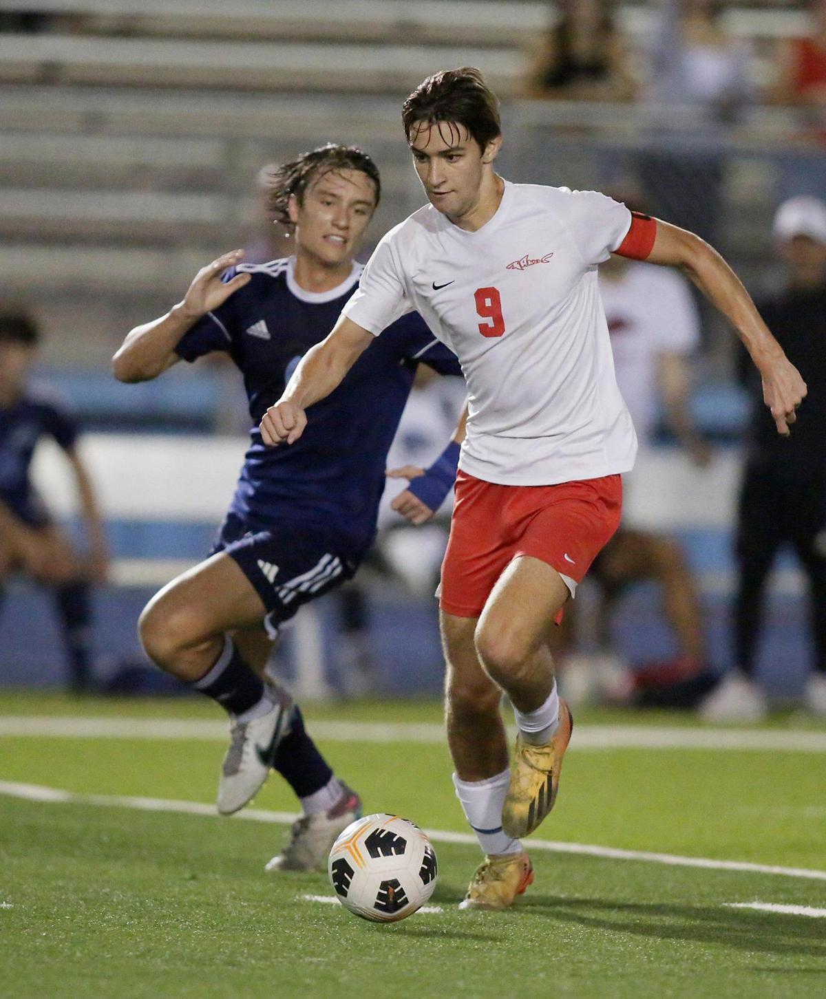 MAST Academy Nico Alvarez (9) takes control of the ball during GMAC Boys Soccer Championship game against Palmetto on Friday, January 12, 2024 at Traz Powell Stadium in Miami.