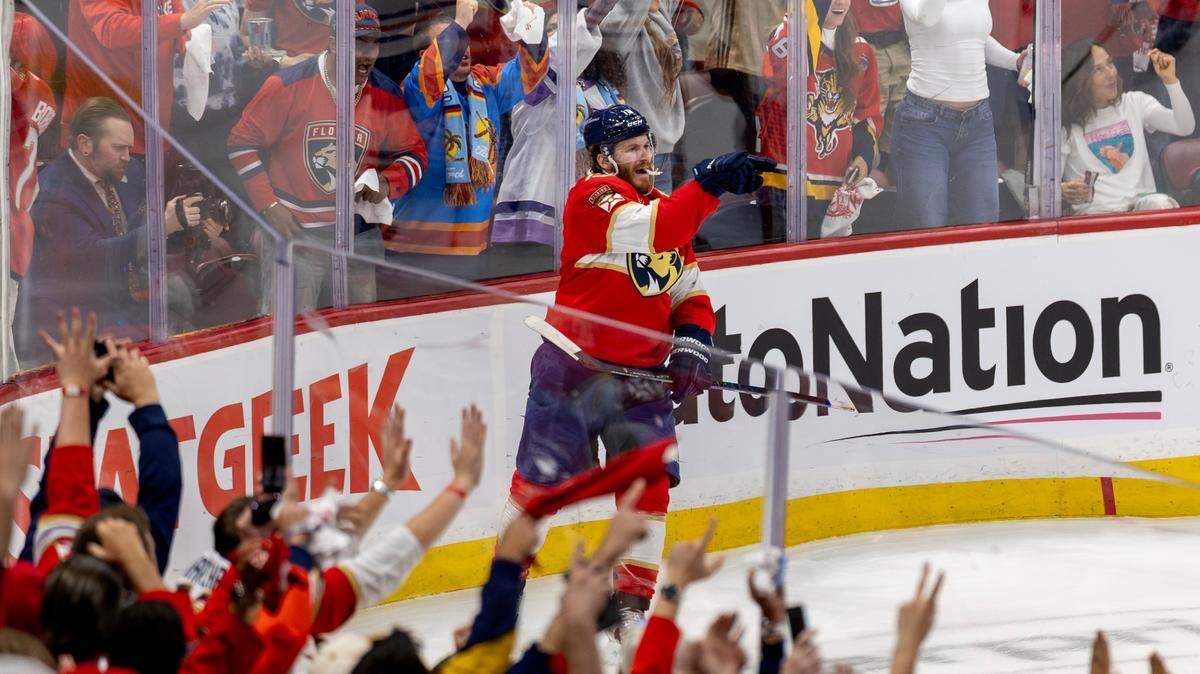 Florida Panthers left wing Matthew Tkachuk (19) celebrates after scoring in the first period against the Edmonton Oilers during Game 4 of the NHL Stanley Cup Final at Amerant Bank Arena on Thursday, June 12, 2025, in Sunrise, Fla.