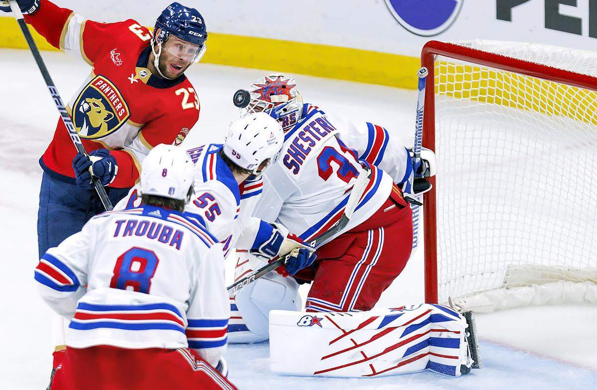 Florida Panthers center Carter Verhaeghe (23) scores a goal during the second period of Game 4 of the Eastern Conference finals of the NHL hockey Stanley Cup playoffs at the Amerant Bank Arena on Tuesday, May 28, 2024, in Sunrise, Fla.