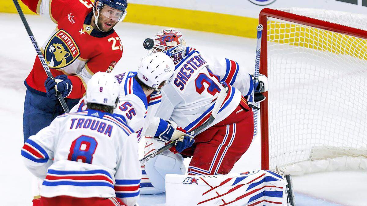 Florida Panthers center Carter Verhaeghe (23) scores a goal during the second period of Game 4 of the Eastern Conference finals of the NHL hockey Stanley Cup playoffs at the Amerant Bank Arena on Tuesday, May 28, 2024, in Sunrise, Fla.