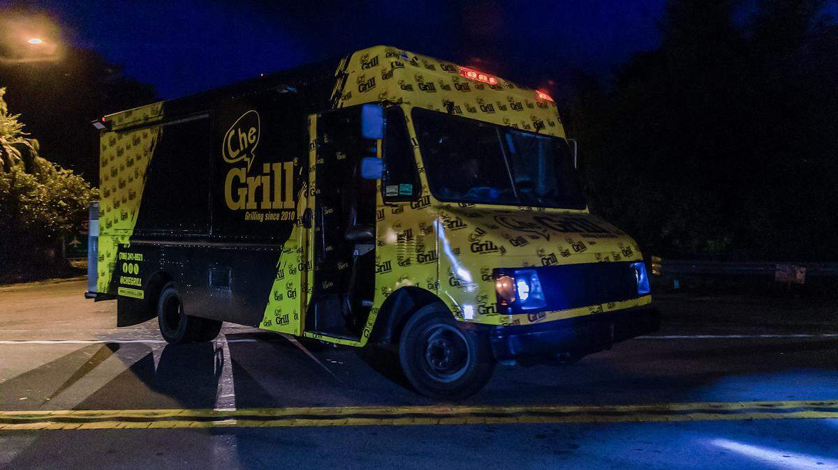 Che Grill food truck entering Alligator Alcatraz. The truck, which specializes in Argentinian food, was one of many local food trucks hired to feed the workers at the new immigration detention center located in the Everglades.