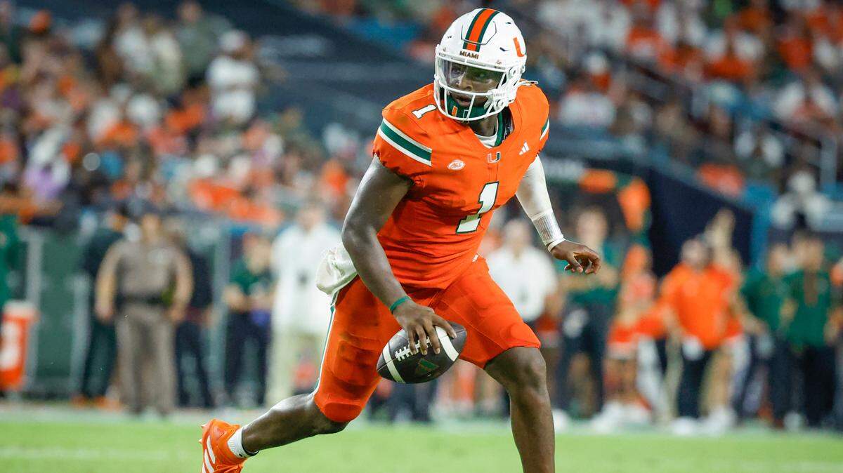 Miami Hurricanes quarterback Cam Ward (1) sets up to pass in the second half against the Florida A&M Rattlers at Hard Rock Stadium in Miami Gardens, Florida, on Saturday, September 7, 2024.