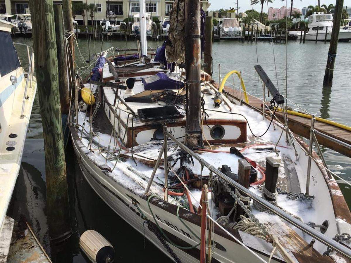 The aftermath of a sailboat fire in Clearwater on June 19, 2019. Clearwater Fire & Rescue believes lightning might have started the boat fire.