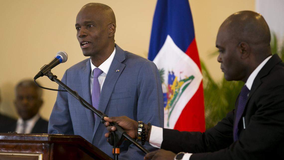 Haiti’s President Jovenel Moise spoke at a a press conference about the closing of the 50th parliament at the National Palace in Port-au-Prince, Haiti, Monday, Jan. 13, 2020. Last year’s parliamentary body will not be followed by the 51st legislature today, because elections were not held in October 2019 to reelect two-thirds of the Senate and Chamber of Deputies.