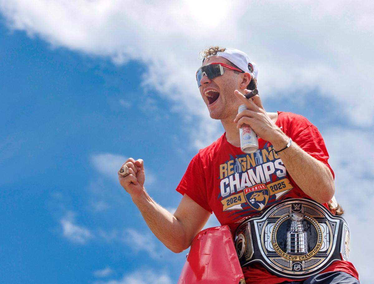 Florida Panthers left wing Matthew Tkachuk (19) cheers with fans during the Florida Panthers Stanley Cup Championship victory parade on Sunday, June 22, 2025 down Las Olas in Fort Lauderdale, Fla. 
