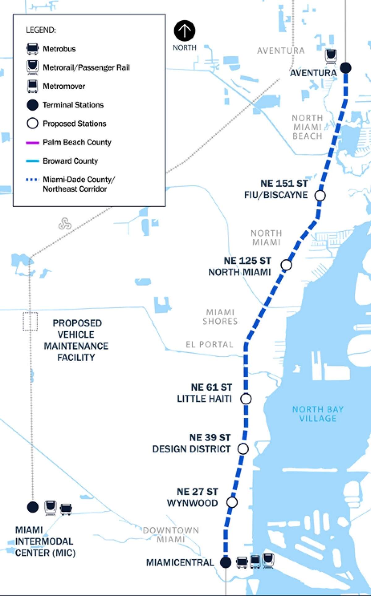 A proposed map of commuter rail stops planned for Miami-Dade County’s Northeast Corridor.