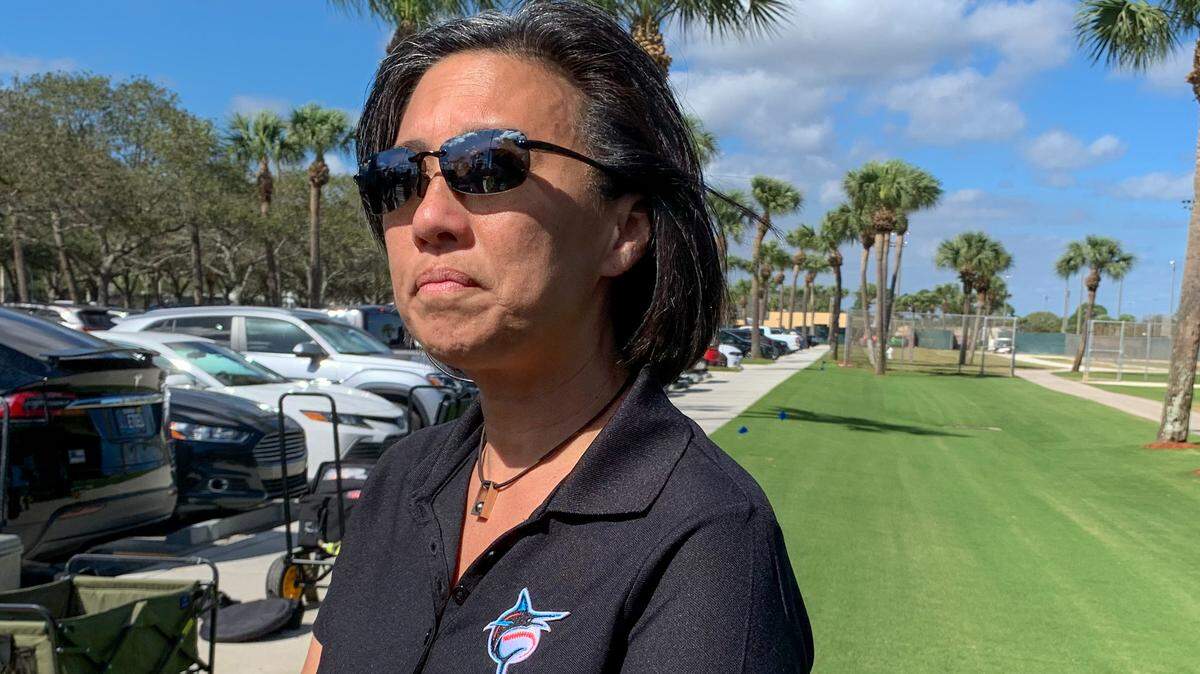 Miami Marlins general manager Kim Ng speaks at a minor-league development camp at the Roger Dean Chevrolet Stadium complex in Jupiter, Florida, on Friday, Feb. 4, 2022.