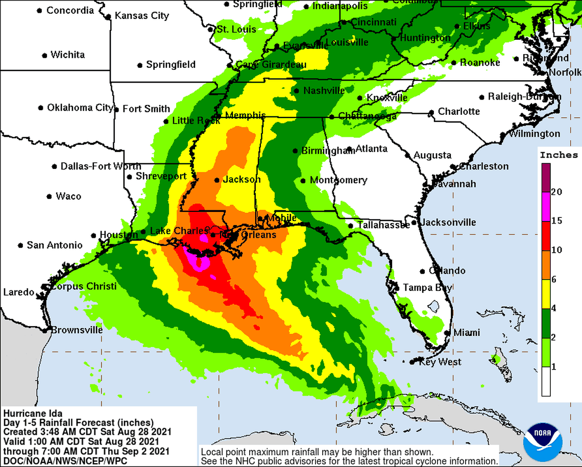 Hurricane Ida rainfall potential in 8 a.m. Saturday, Aug. 28, 2021 map.
