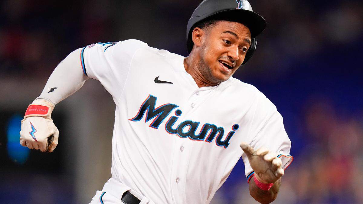 Miami Marlins outfielder Dane Myers (54) rounds third base against the St. Louis Cardinals during the eighth inning at loanDepot Park.
