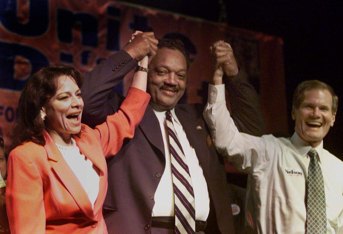 10/08/00 Patrick Farrell/Miami Herald L-R In 2000, Miami-Dade State Attorney Katherine Fernandez Rundle, the Rev. Jesse Jackson and U.S. Senate candidate Bill Nelson gather at the Caleb Center in Liberty City. Jackson was in town to lend his support to their campaigns as well as other local Democratic candidates..