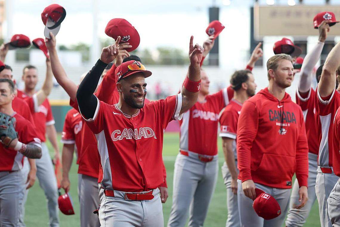 SAN JUAN, PUERTO RICO - MARCH 11: Abraham Toro #31 of Team Canada celebrates a 7-2 victory against the Team Cuba after the game during the 2026 World Baseball Classic at Hiram Bithorn Stadium on March 11, 2026 in San Juan, Puerto Rico. (Photo by Al Bello/Getty Images)