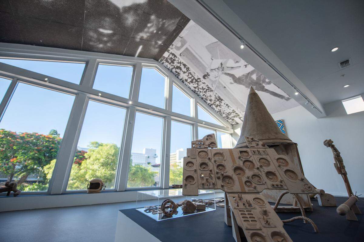 A view of the Asif Farooq installation included in the “Where there is power” exhibition at Oolite Arts. The artist, who died in 2020, spent years recreating a Soviet-era MiG-21 fighter jet out of paper.