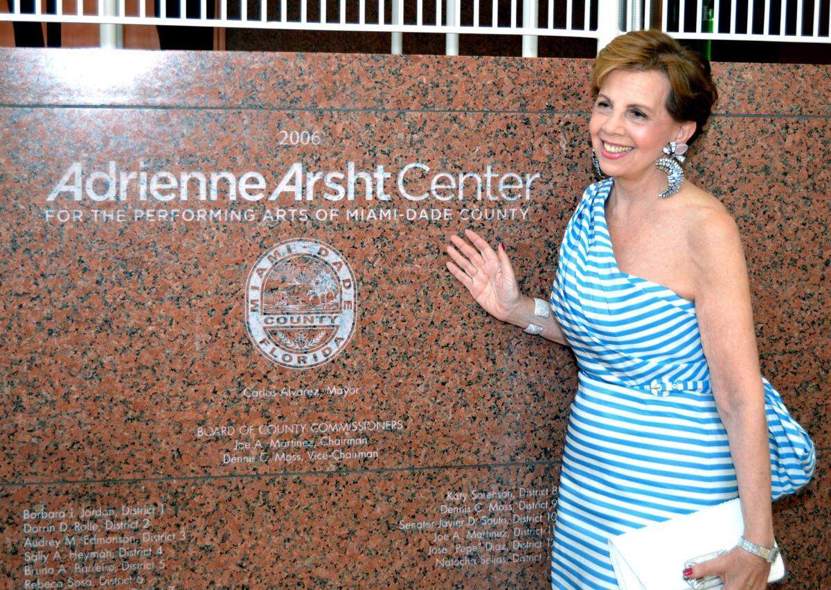 Adrienne Arsht poses for a photo in front of the Adrienne Arsht Center for the Performing Arts in 2014.