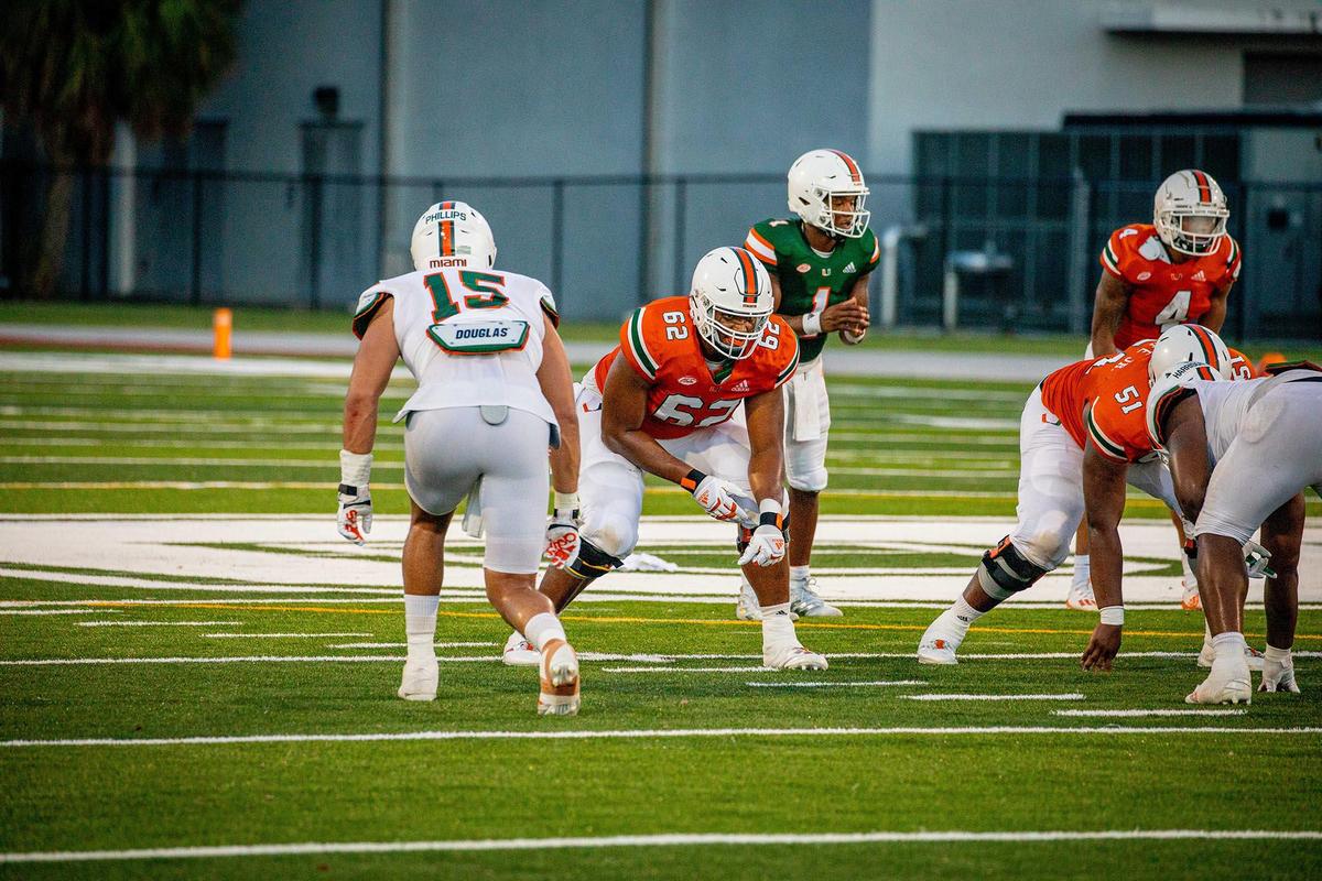 Jaelan Phillips (15) ready to rush the passer against Jarrid Williams (62) during UM’s scrimmage on Sunday, August 16, 2020.