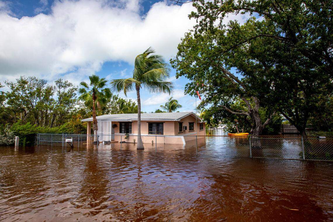 A house flooded due to Hurricane Ian at Stillwright Point in Key Largo, Florida, on Thursday, Sept. 29, 2022.