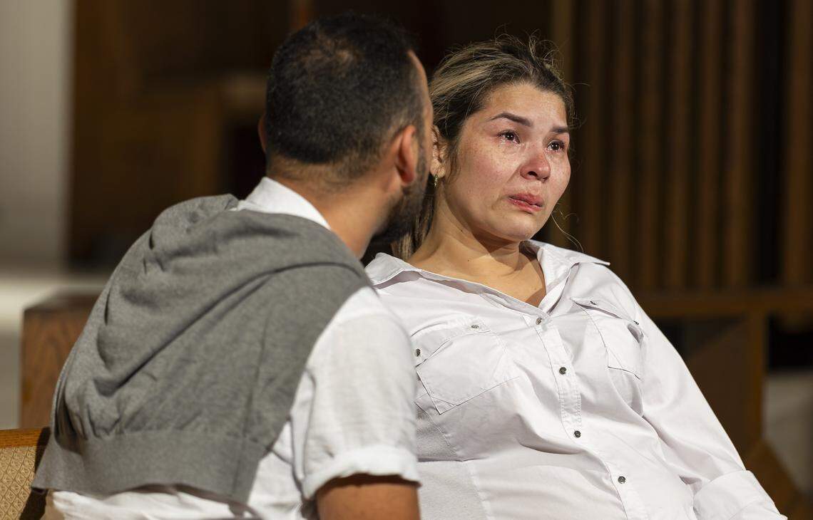 Laura cries as she attends a vigil at Christ Lutheran Church on Saturday, Aug. 9, 2025, in Oakland Park, Fla. Laura, who is undocumented, has a 13-year-old son and was recently diagnosed with terminal cancer, watched two months ago as her husband, Luis, was detained by ICE and taken to a detention center in Louisiana. The vigil brought together immigrant families and others supporting loved ones in migrant detention centers, such as Alligator Alcatraz, across the state and country. 