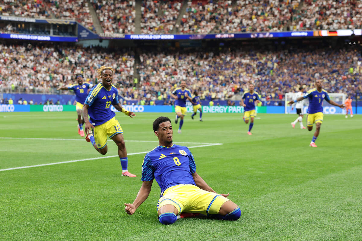 HOUSTON, TEXAS - JUNE 14: Livano Comenencia #8 of Curacao celebrates scoring his team's first goal during the FIFA World Cup 2026 Group E match between Germany and Curacao at Houston Stadium on June 14, 2026 in Houston, Texas. (Photo by Alexander Hassenstein/Getty Images)
