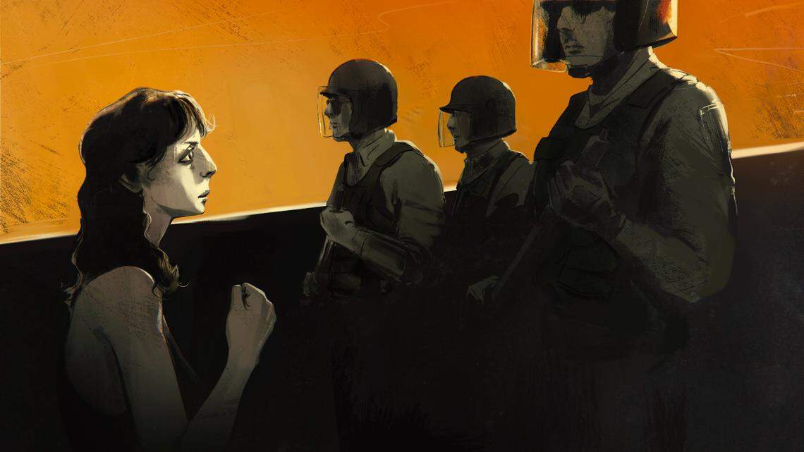 Illustration of a woman standing up to police in riot gear.