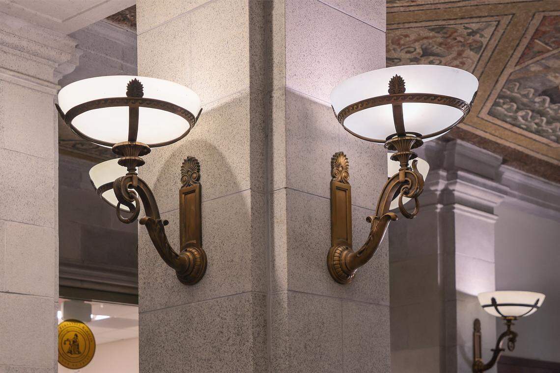The historic Dade County Courthouse brass lighting fixtures are one of the many historic elements of the old courthouse in Miami, Florida, on Wednesday, January 14, 2026. The Dade County Courthouse is significant as an excellent example of Neo-Classical architecture. The detailing of the remaining historic interior spaces and features continue to reflect this distinctive style and contributes to a more complete understanding of the historic character of the Courthouse.