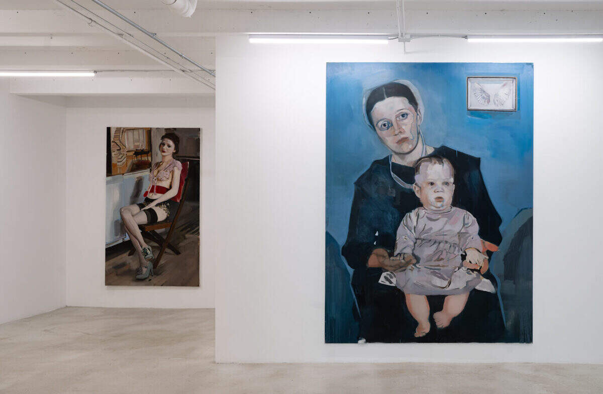 Lucía Maman uses muted colors for her paintings, which depict families, children, and other subjects.