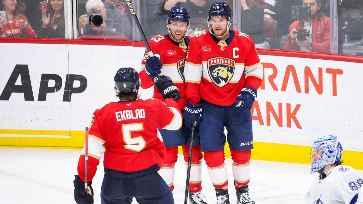 Florida Panthers center Aleksander Barkov (16) reacts to scoring a goal with Carter Verhaeghe (23) and defenseman Aaron Ekblad (5) during the second period of a game against the Tampa Bay Lightning on Monday, March 3, 2025, at Amerant Bank Arena in Sunrise, Fla.