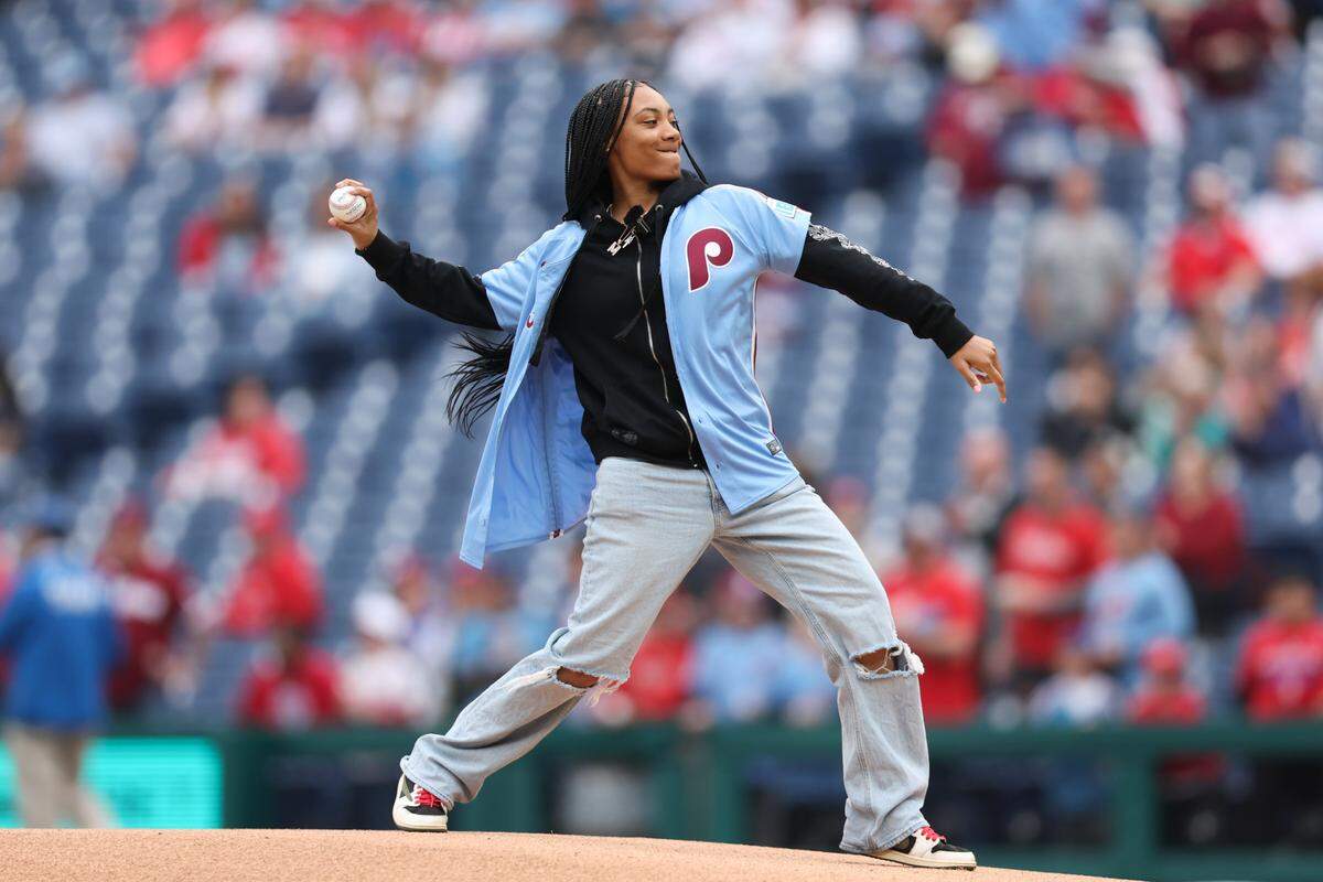 Apr 3, 2025; Philadelphia, Pennsylvania, USA; Mo’ne Davis throws out a first pitch before action between the Philadelphia Phillies and the Colorado Rockies at Citizens Bank Park. Mandatory Credit: Bill Streicher-Imagn Images