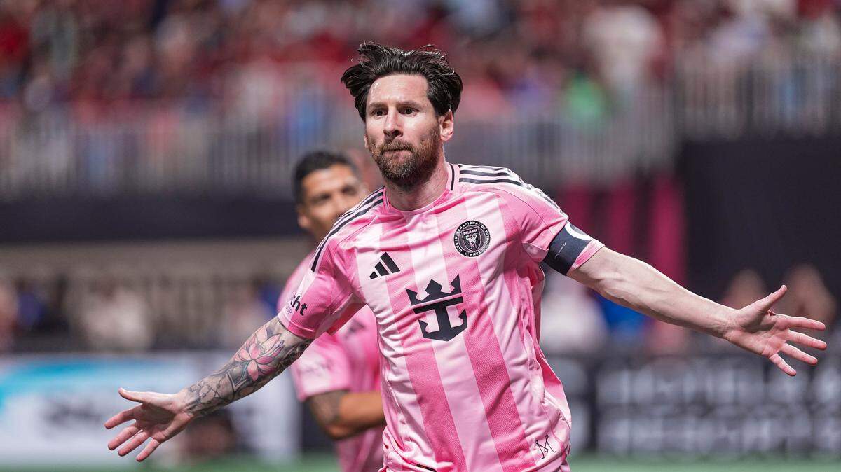 Mar 16, 2025; Atlanta, Georgia, USA; Inter Miami forward Lionel Messi (10) reacts after scoring a goal against Atlanta United during the first half at Mercedes-Benz Stadium. Mandatory Credit: Dale Zanine-Imagn Images