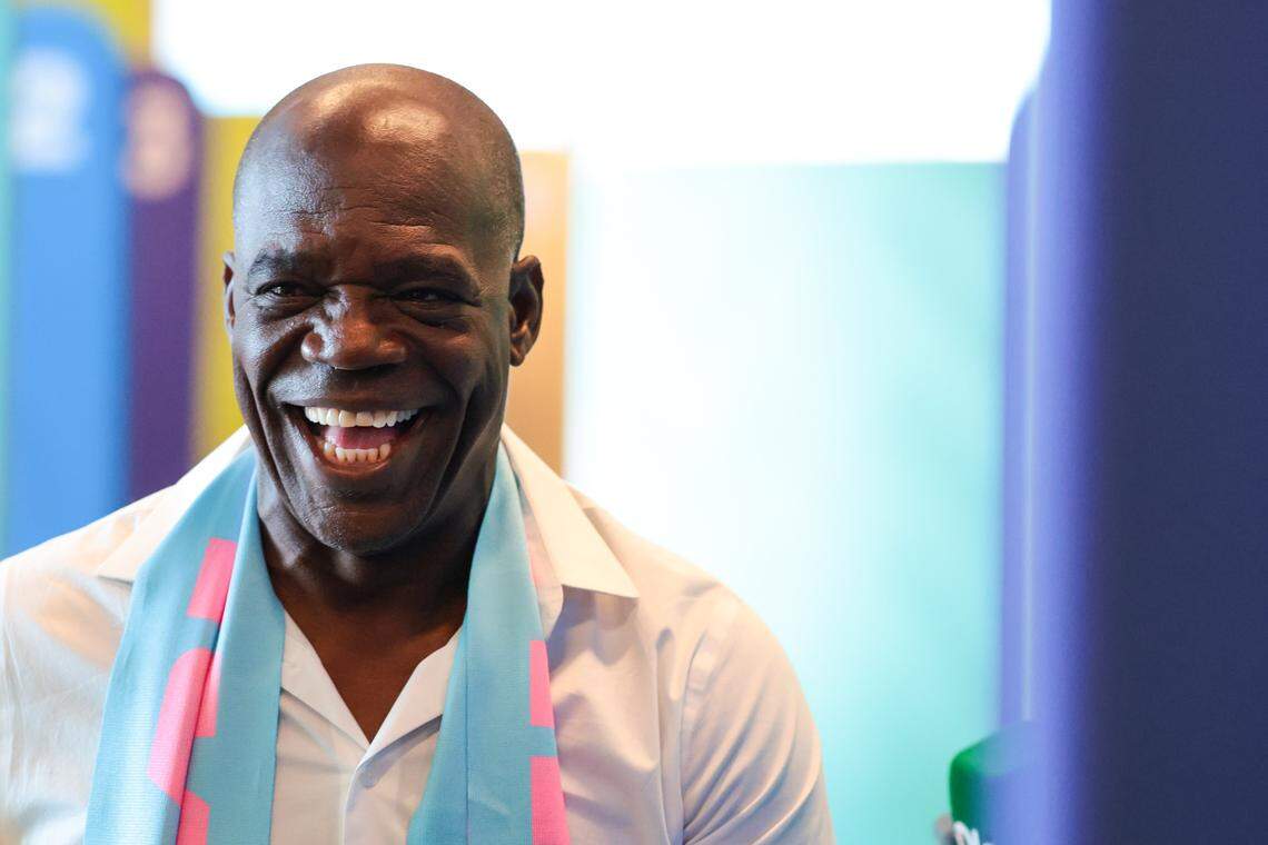 Colombian former soccer player Luis Carlos Perea smiles during the grand opening of Miami's volunteer center for the 2026 FIFA World Cup at Brightline MiamiCentral in downtown at 350 NW 1st Ave. on Monday, Dec. 8, 2025, in Miami, Fla.