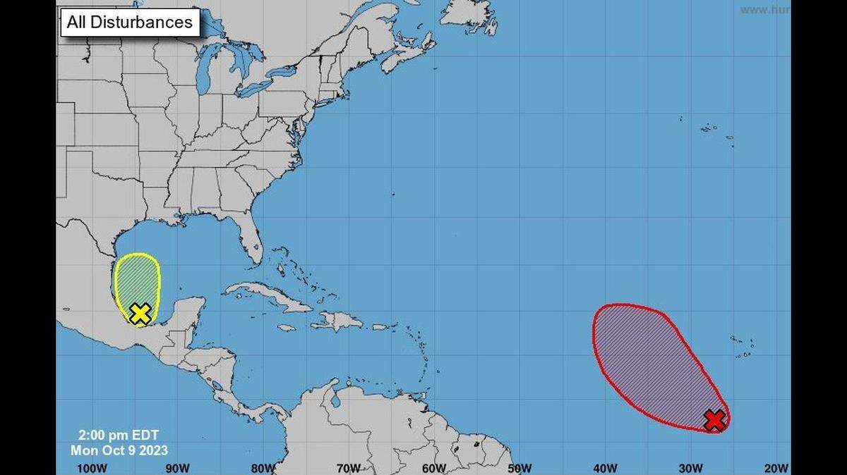 The 2 p.m. map of Atlantic Ocean disturbances, Monday, Oct. 9, 2023.