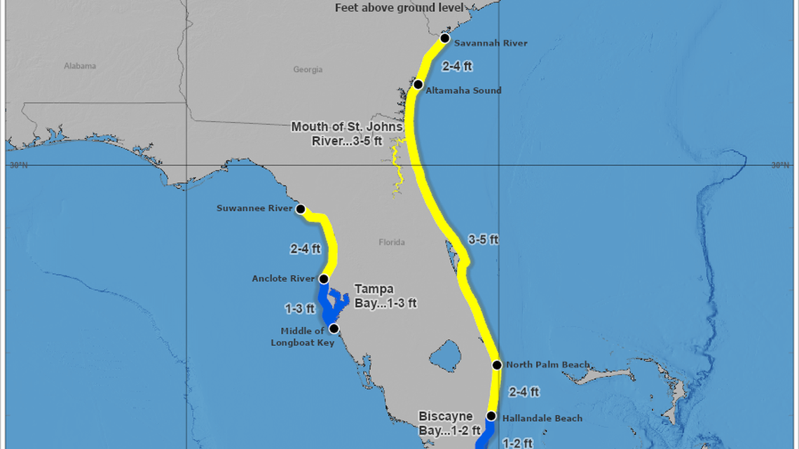 The National Hurricane Center’s peak surge forecast issued at 10 a.m. Tuesday, Nov. 8, 2022.