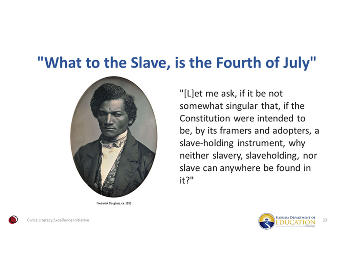 This is one of the slides shown during the Florida Department of Education’s training series for civics and government teachers.
